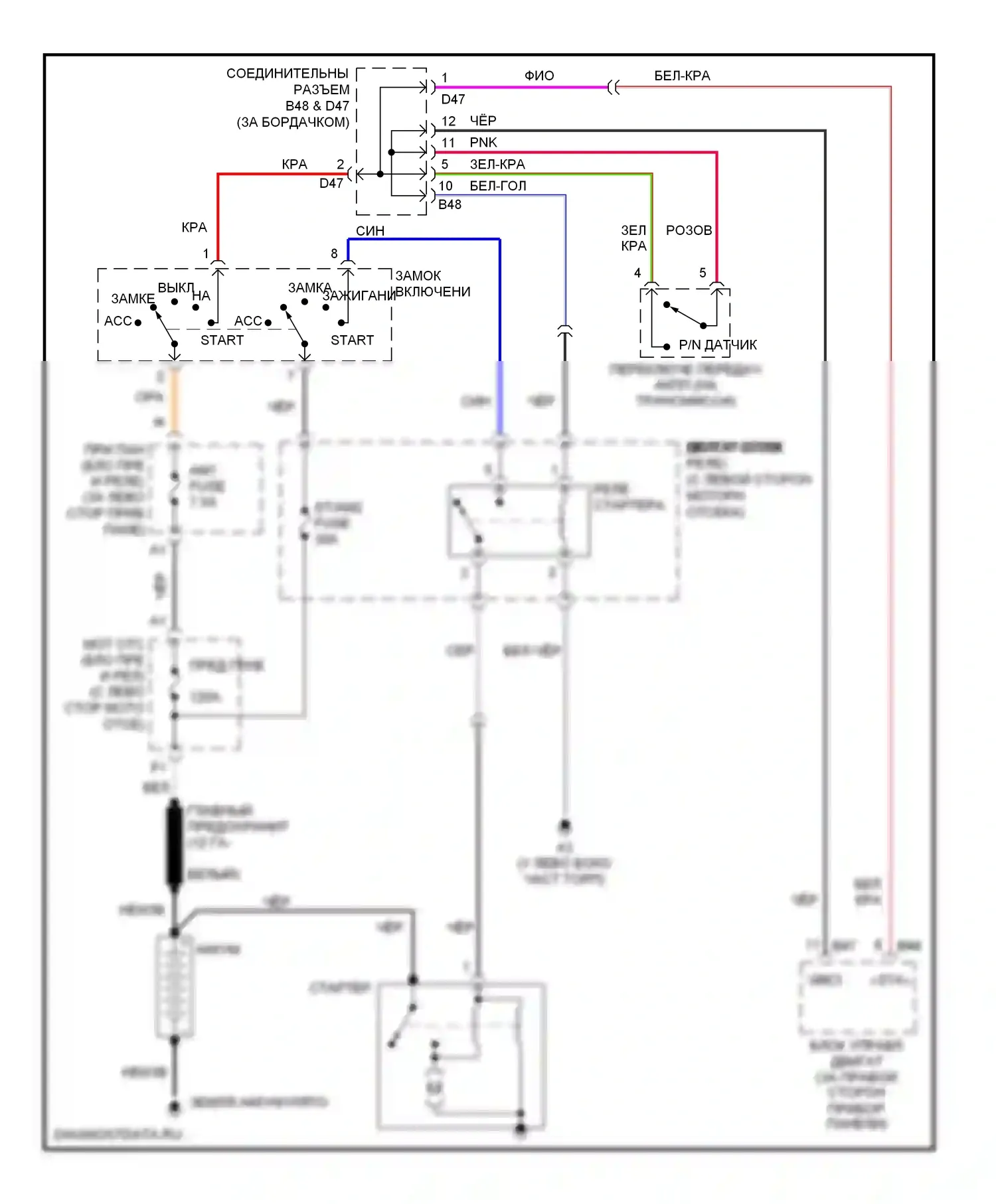 Avalon Toyota XX30 (2005-2007): Электросхема стартера, без смарт-ключа 