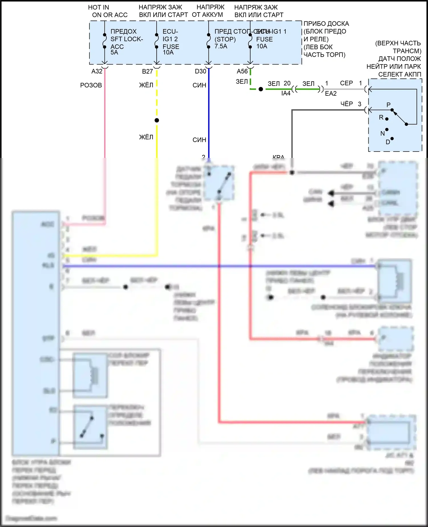 Camry US Market Toyota XV50 рестайлинг (2014-2017): Электросхема блокировки селектора, кроме гибридного без смарт-ключа 
