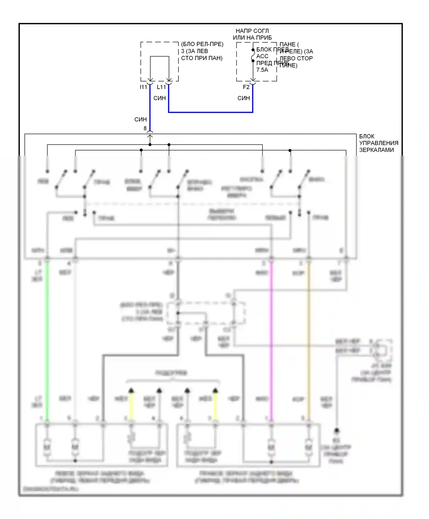 Camry Toyota XV40 рестайлинг (2009-2011): Электросхема управления зеркалами заднего вида 