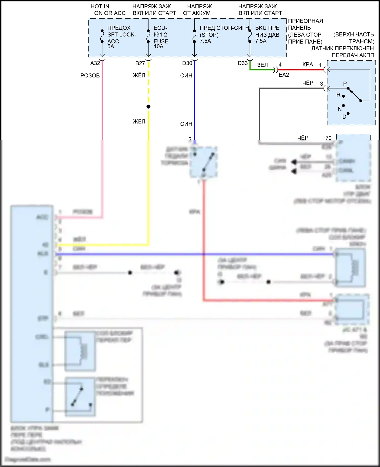 Camry Toyota XV50 (2011-2014): Электросхема блокировки селектора, кроме гибридного без смарт-ключа 