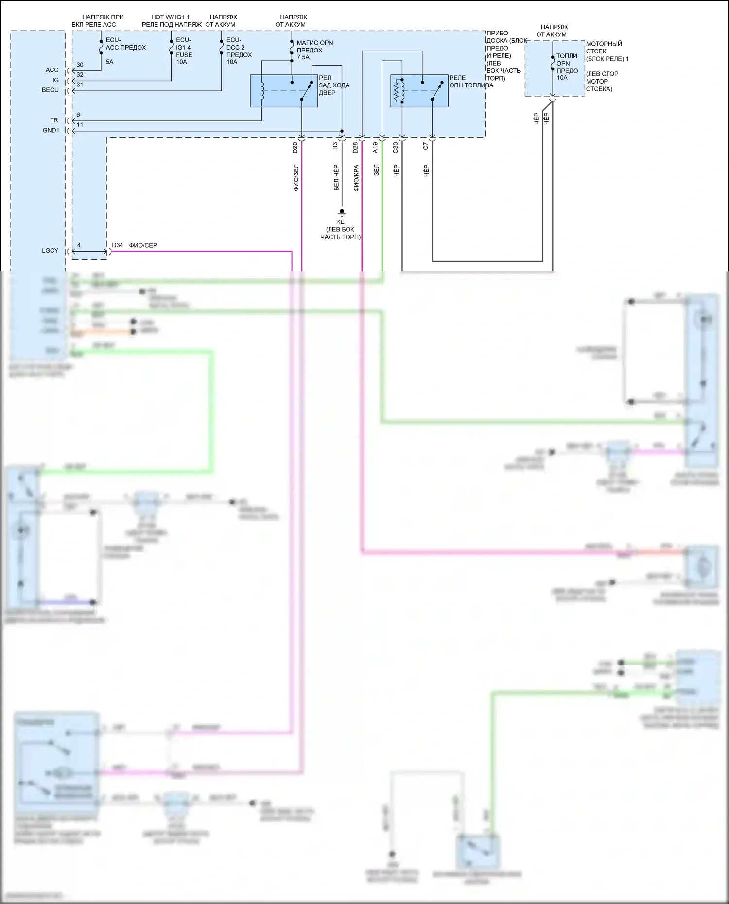 Camry Toyota XV70 рестайлинг (2020-2024): Электросхема открытия багажника и лючка топливного бака, кроме гибридной 