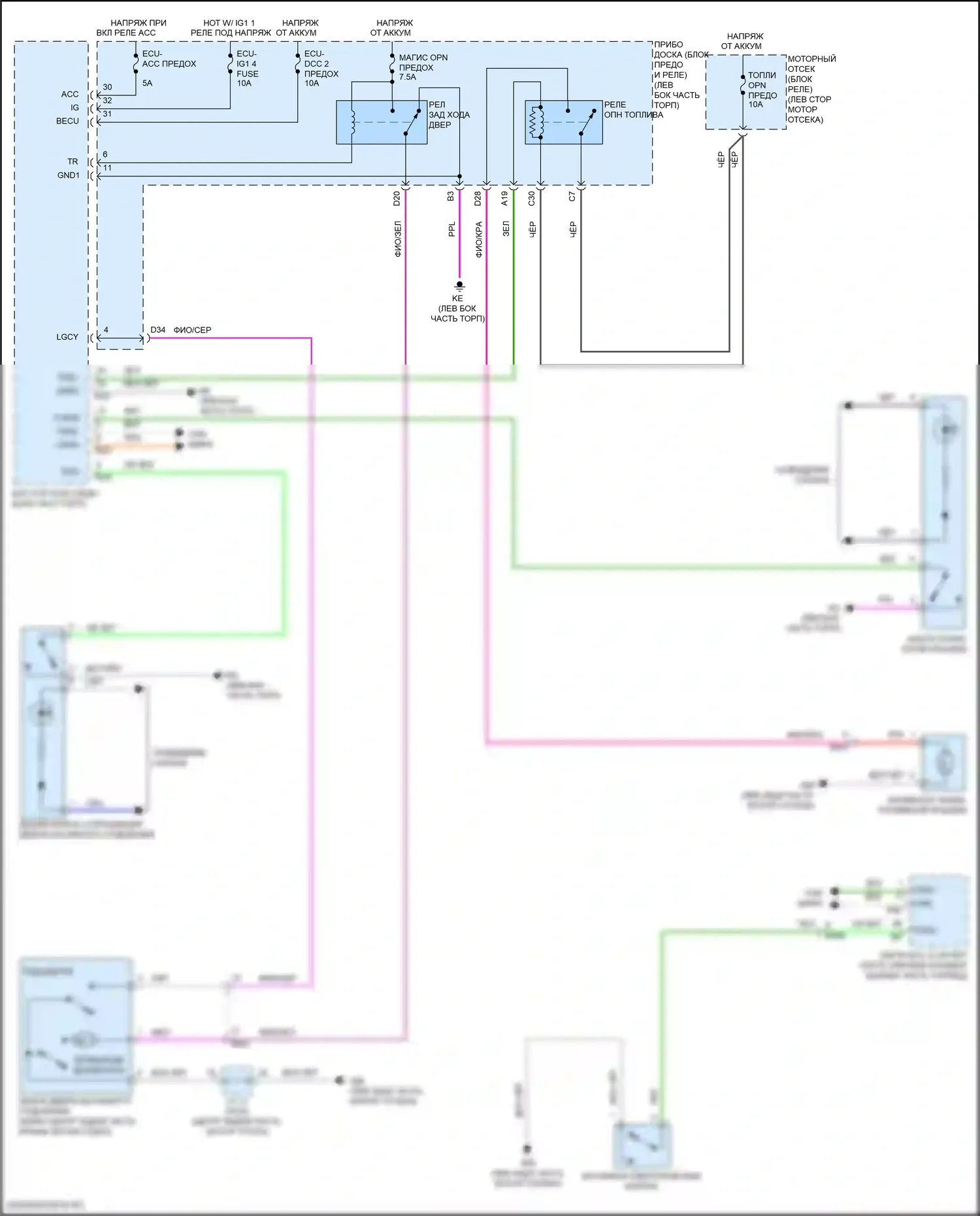 Camry Toyota XV70 (2017-2021): Электросхема открытия багажника и лючка топливного бака, кроме гибридной 