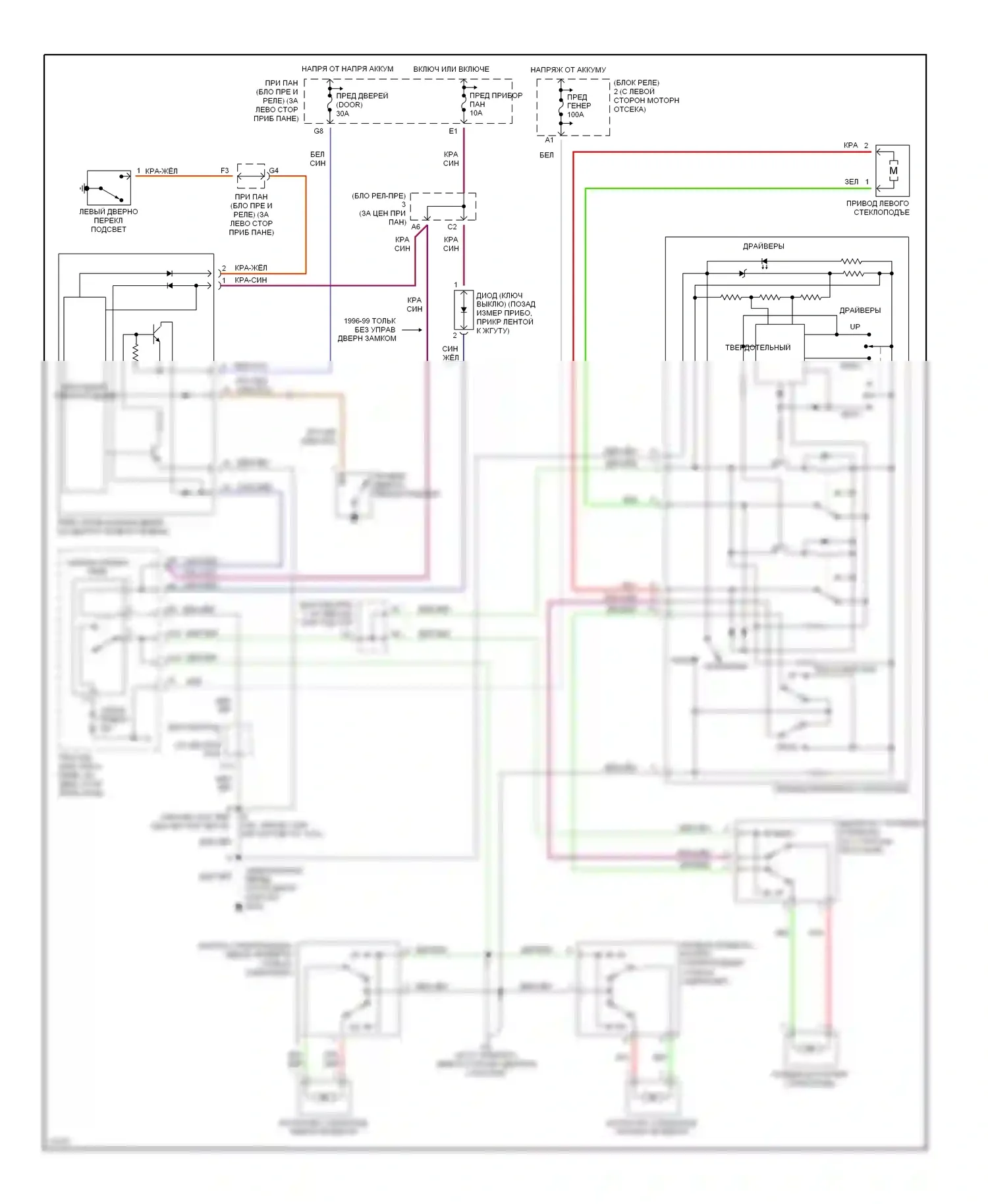 Celica Toyota T200 рестайлинг (1995-1999): Электросхема стеклоподъемника 