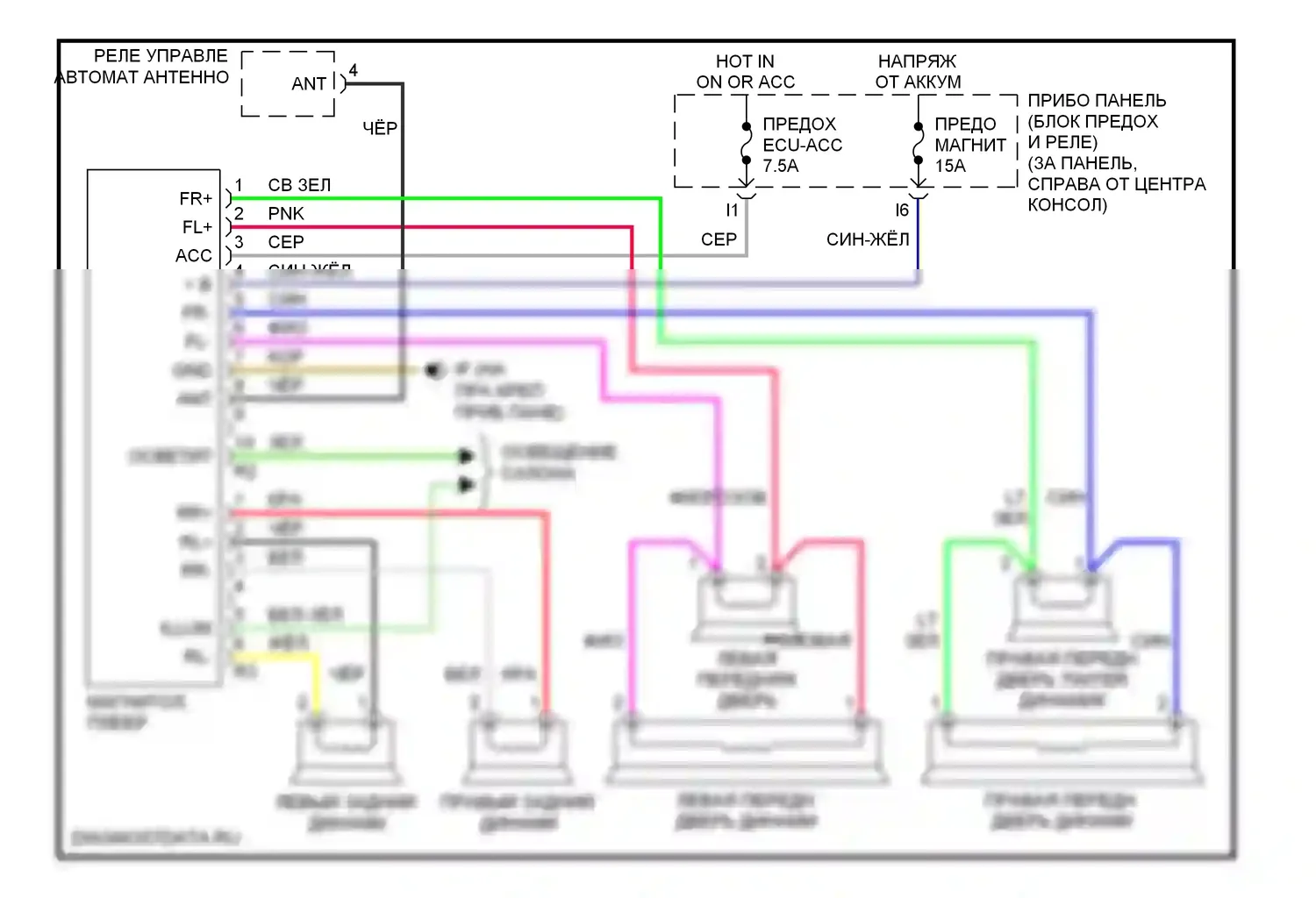 Celica Toyota T230 рестайлинг (2002-2006): Электросхема магнитолы, со встроенным усилителем 