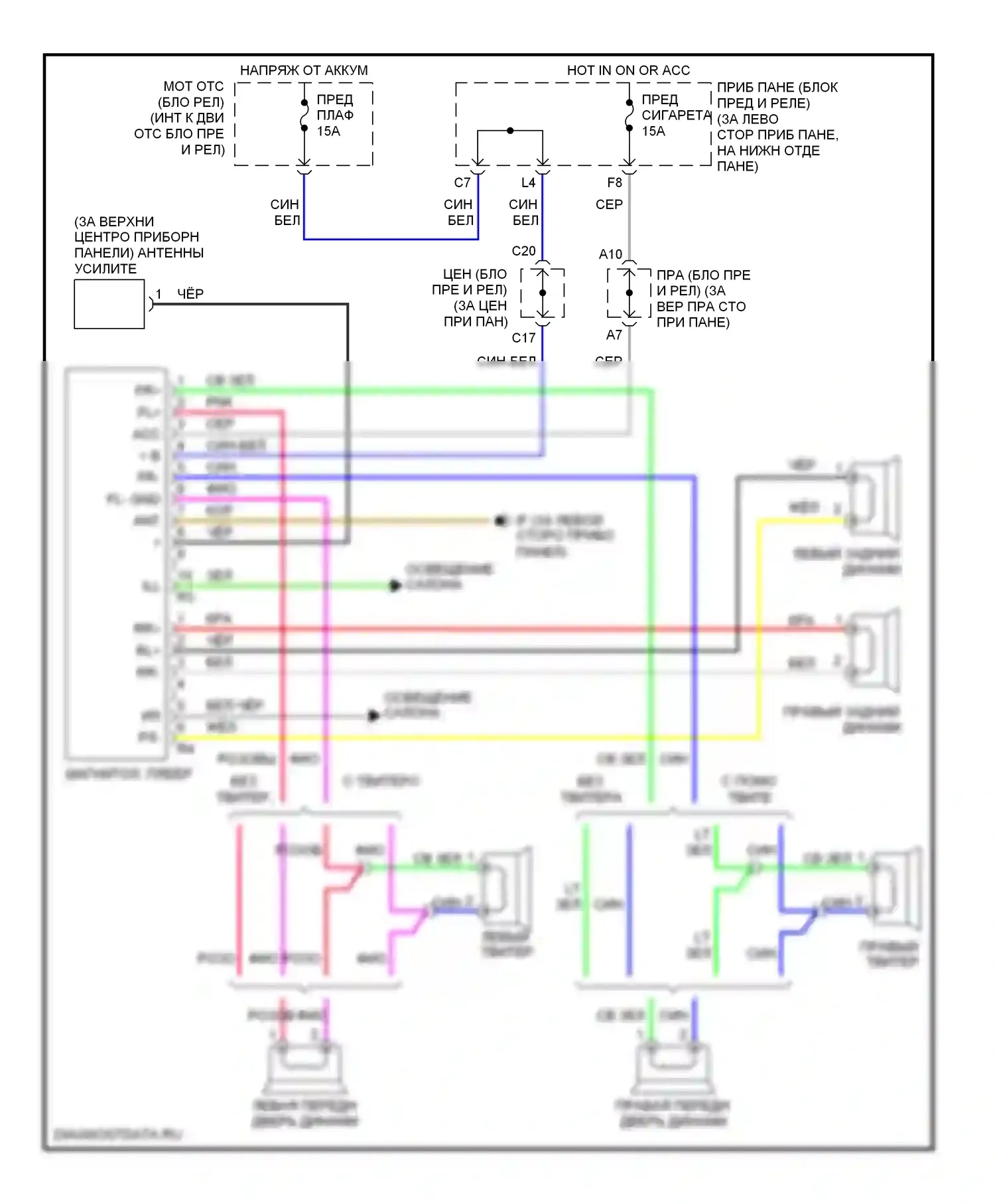 Corolla Toyota IX рестайлинг (2003-2007): Электросхема магнитолы, без усилителя 