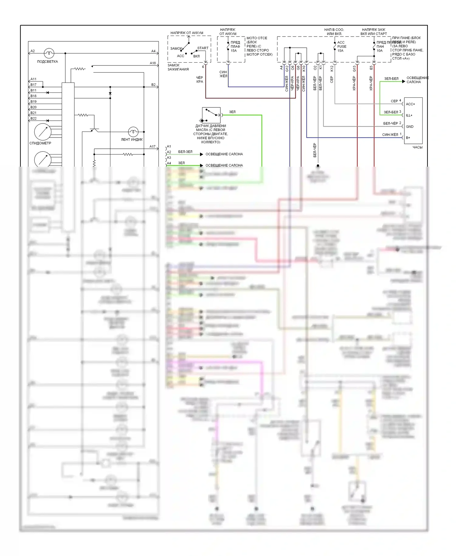 Echo Toyota I (1999-2005): Электросхема приборной панели, без тахометра 