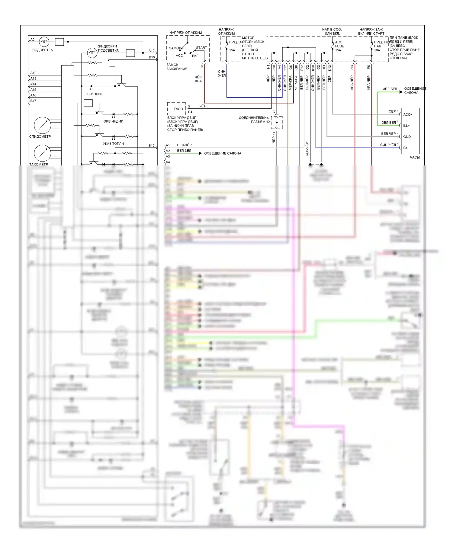 Echo Toyota I (1999-2005): Электросхема приборной панели, с тахометром 