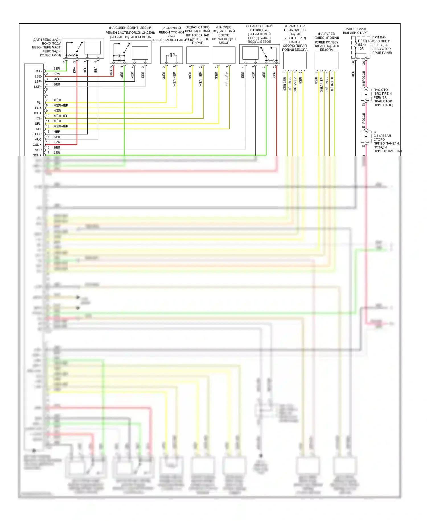 Highlander Toyota I рестайлинг (2003-2007): Электросхема подушек безопасности, с боковой подушкой безопасности (1 из 2) 