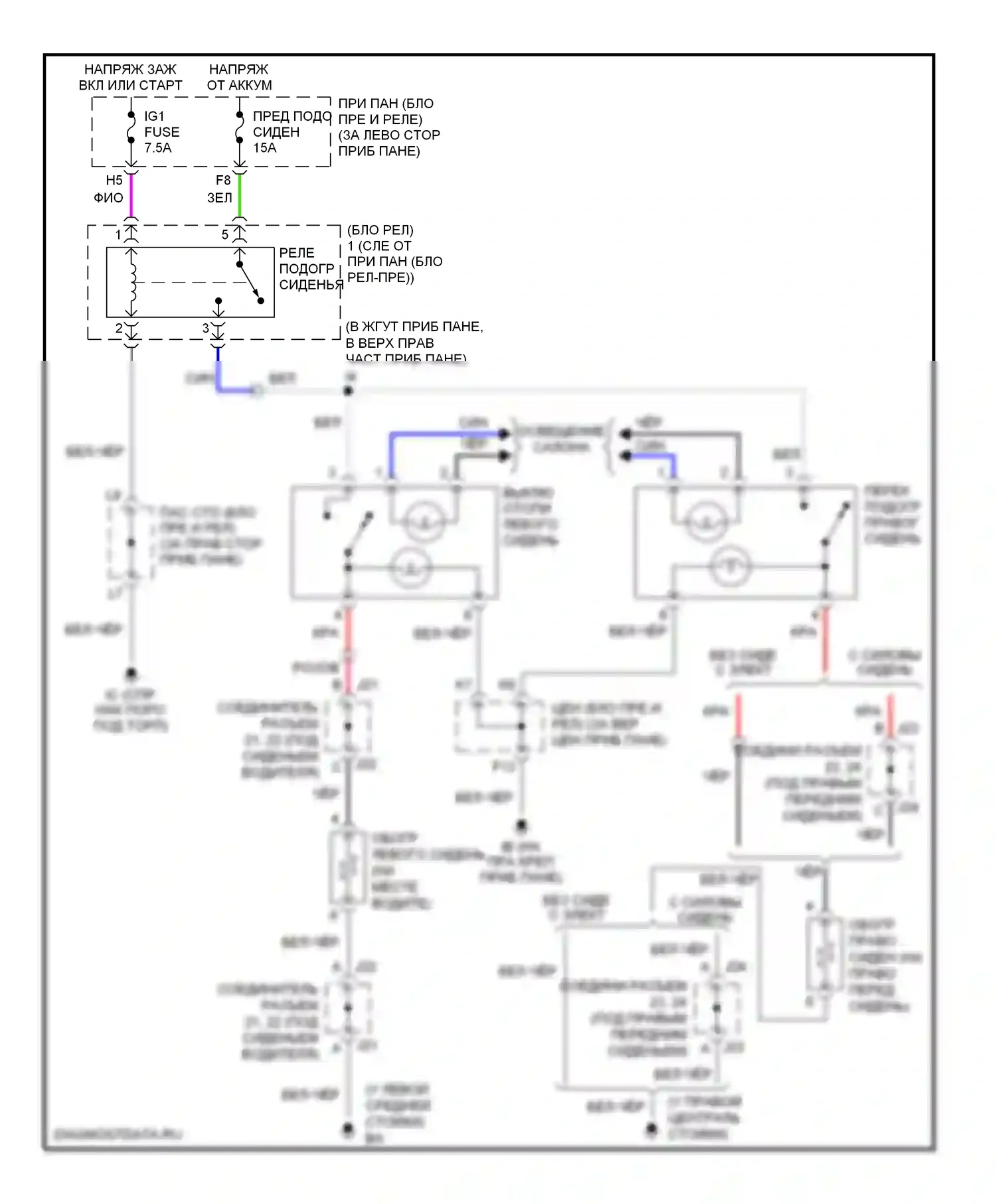 Highlander Toyota I рестайлинг (2003-2007): Электросхема обогреваемых сидений 