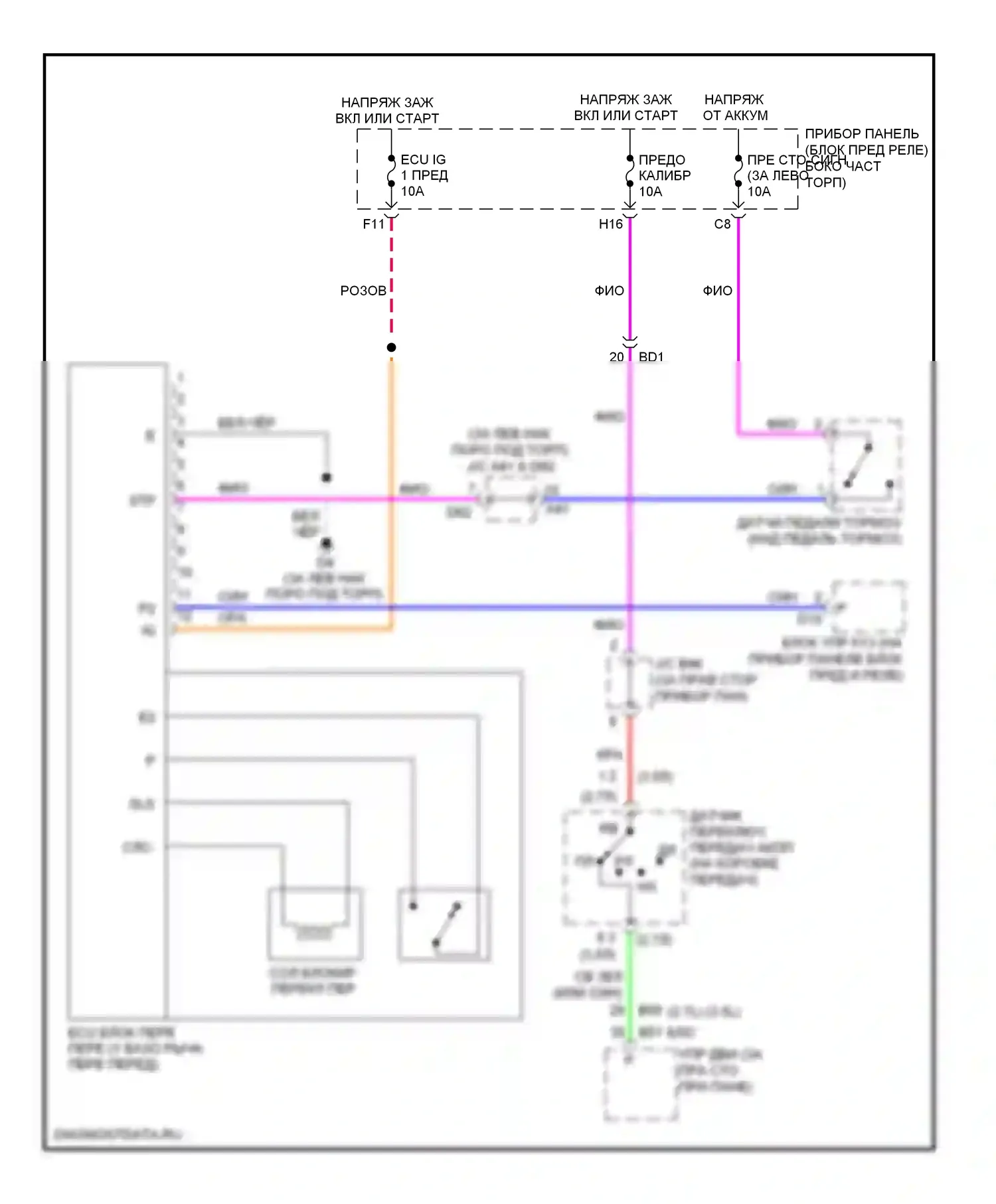 Highlander Toyota II рестайлинг (2010-2013): Электросхема блокировки селектора, кроме гибридного с интеллектуальным ключом 