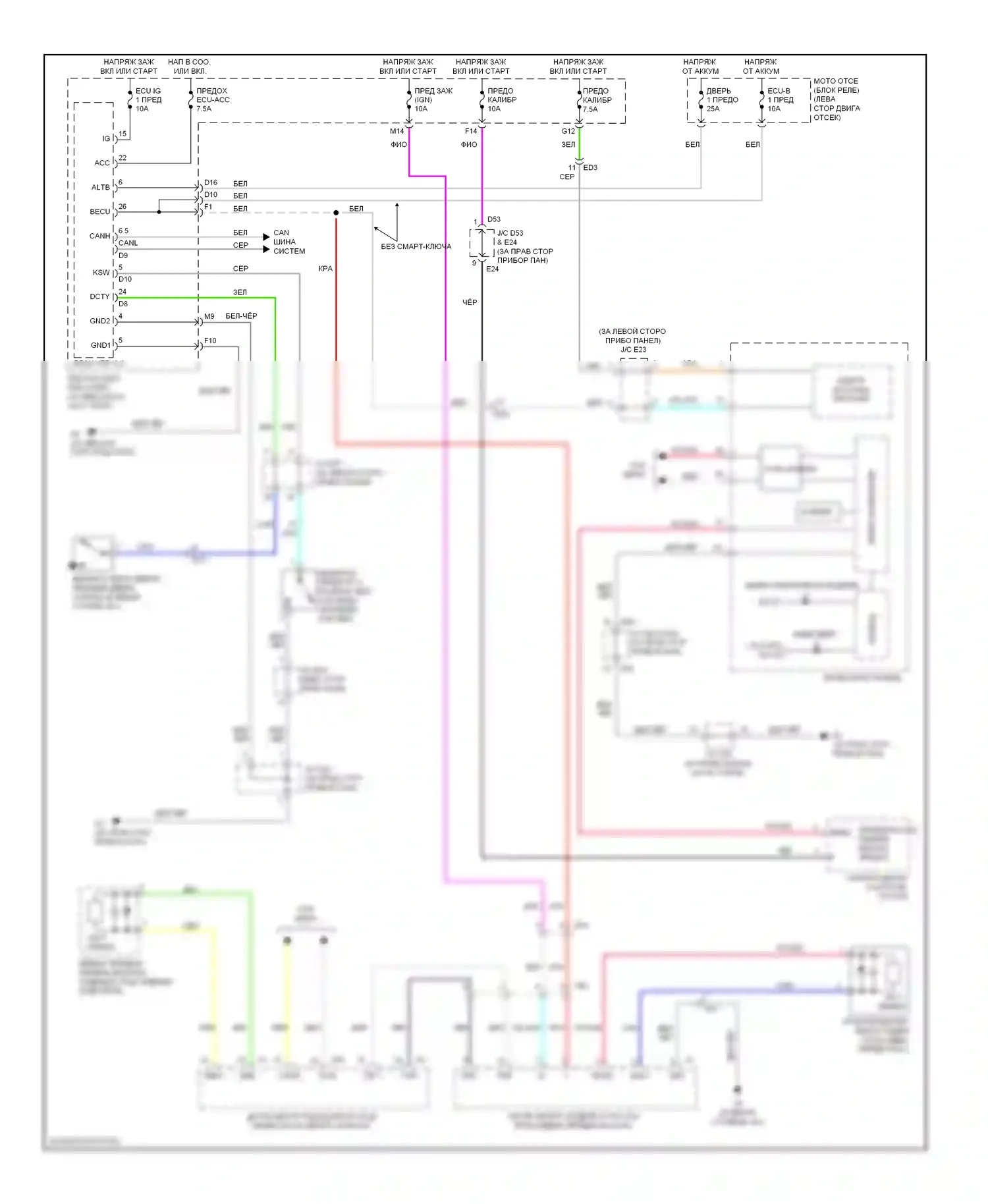Highlander Toyota II рестайлинг (2010-2013): Ключевое напоминание и предупреждение о ремнях безопасности, электросхема, за исключением гибридного 