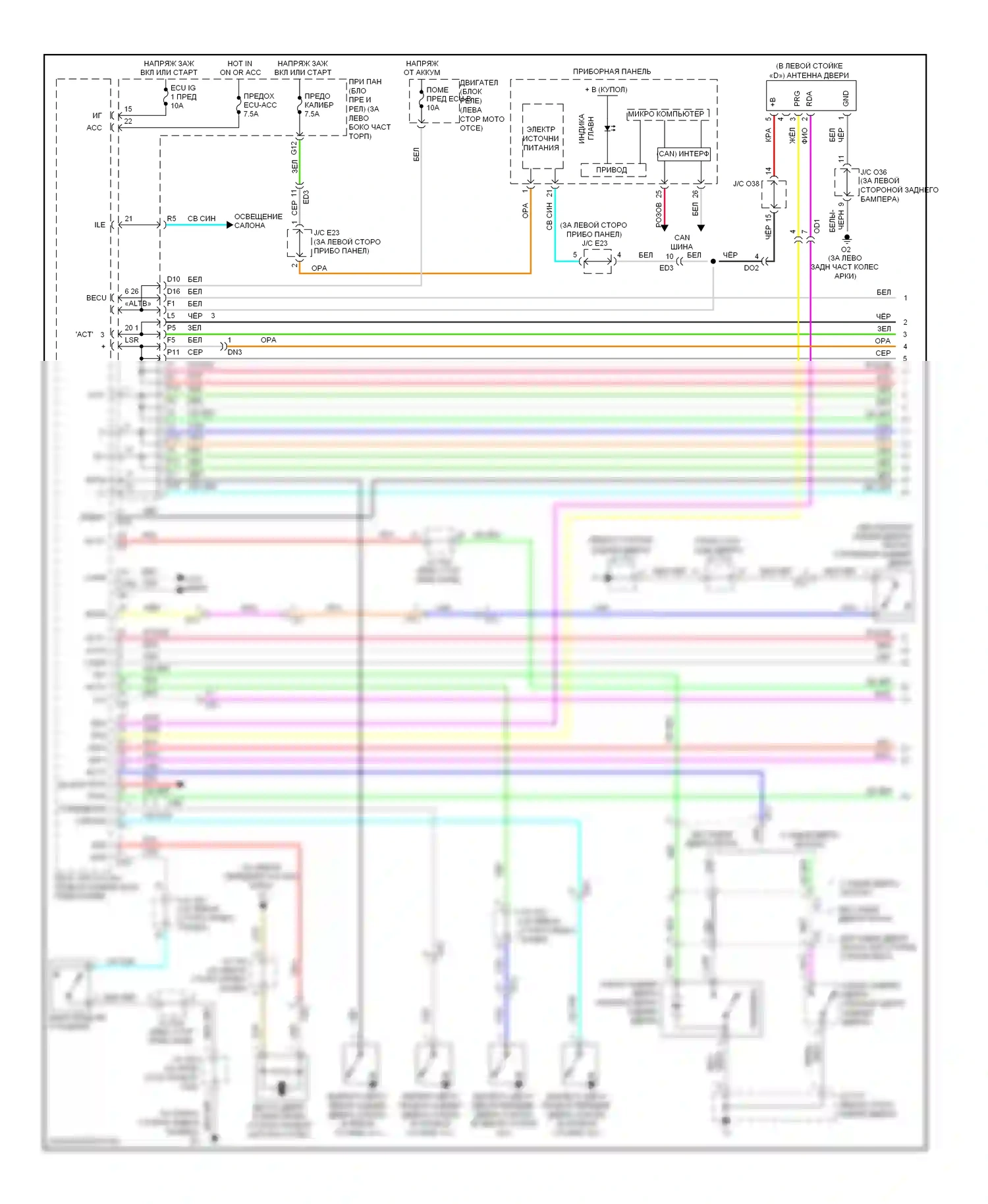 Highlander Toyota II рестайлинг (2010-2013): Электросхема центрального замка, за исключением гибридного без системы интеллектуальных ключей (1 из 2) 