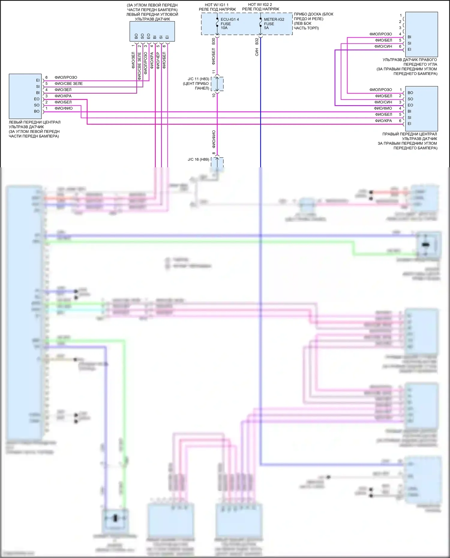 Highlander Toyota IV (2019-2024): Электросхема парктроника, без панорамного 