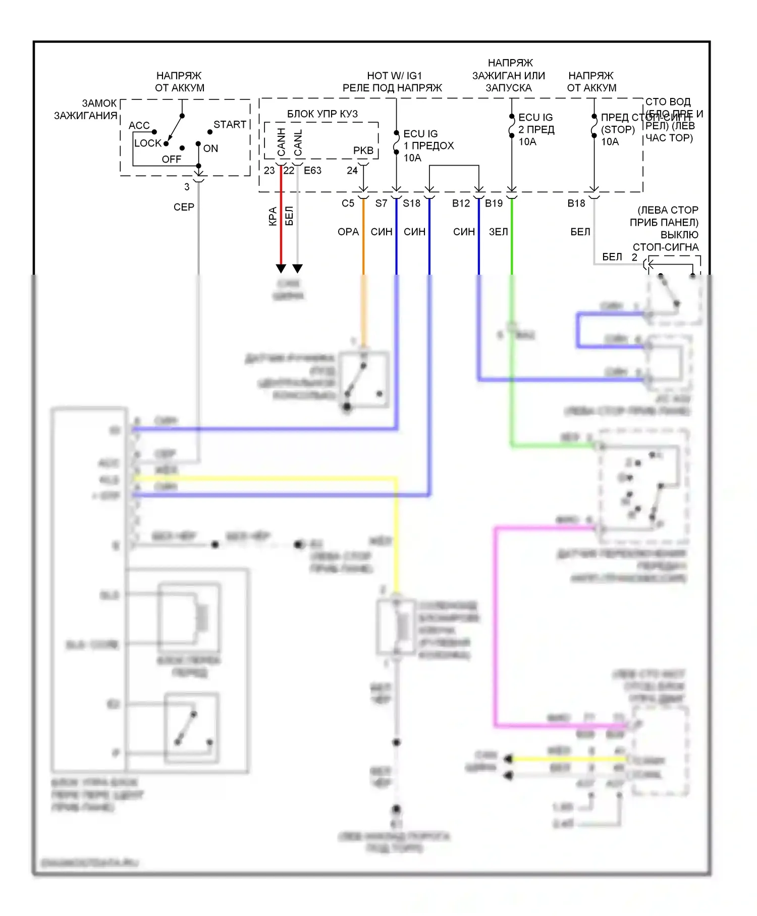 Matrix Toyota E140 (2008-2014): Электросхема блокировки селектора 