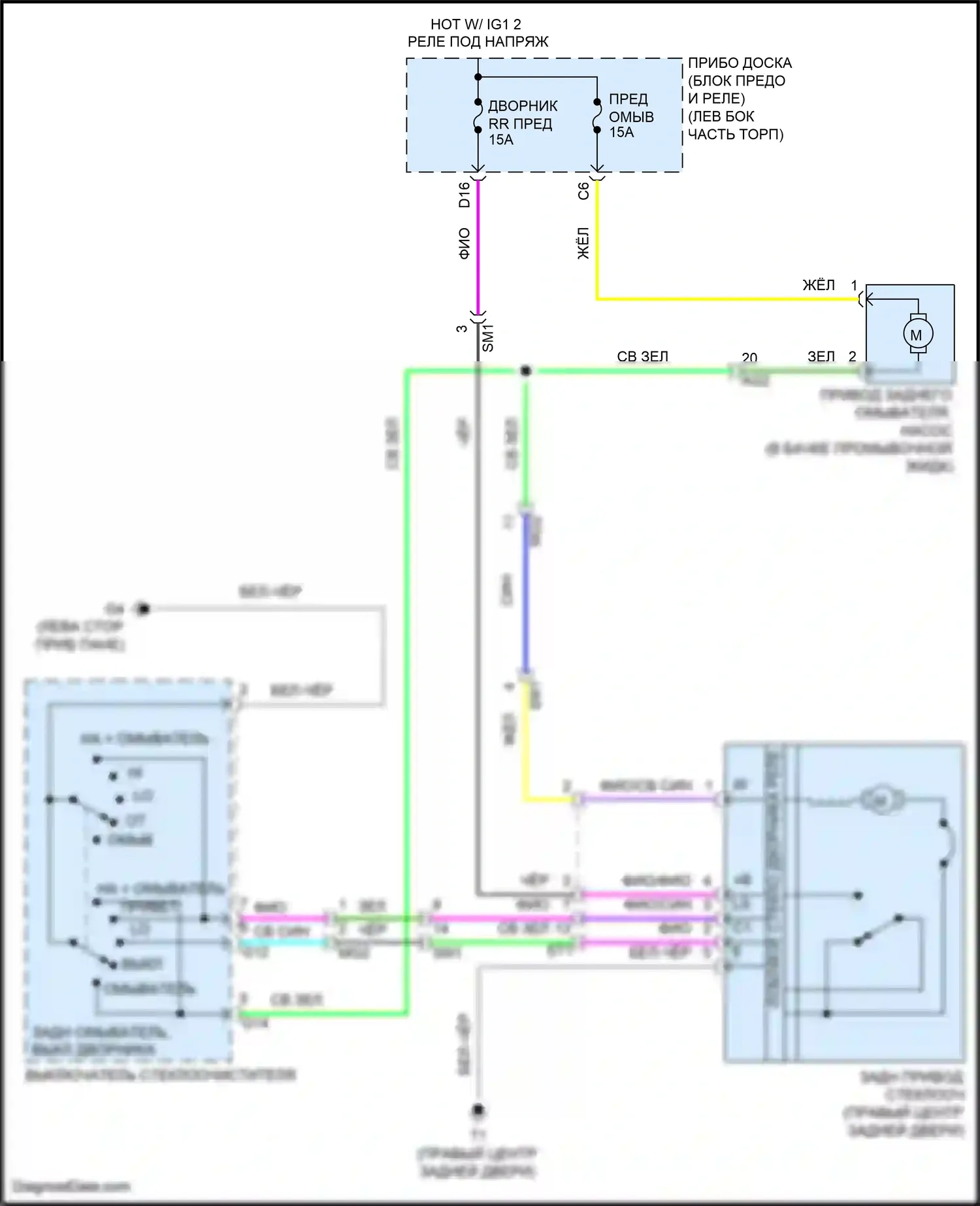 Prius C Toyota I рестайлинг (2014-2020): Электросхема задних дворников и омывателей 