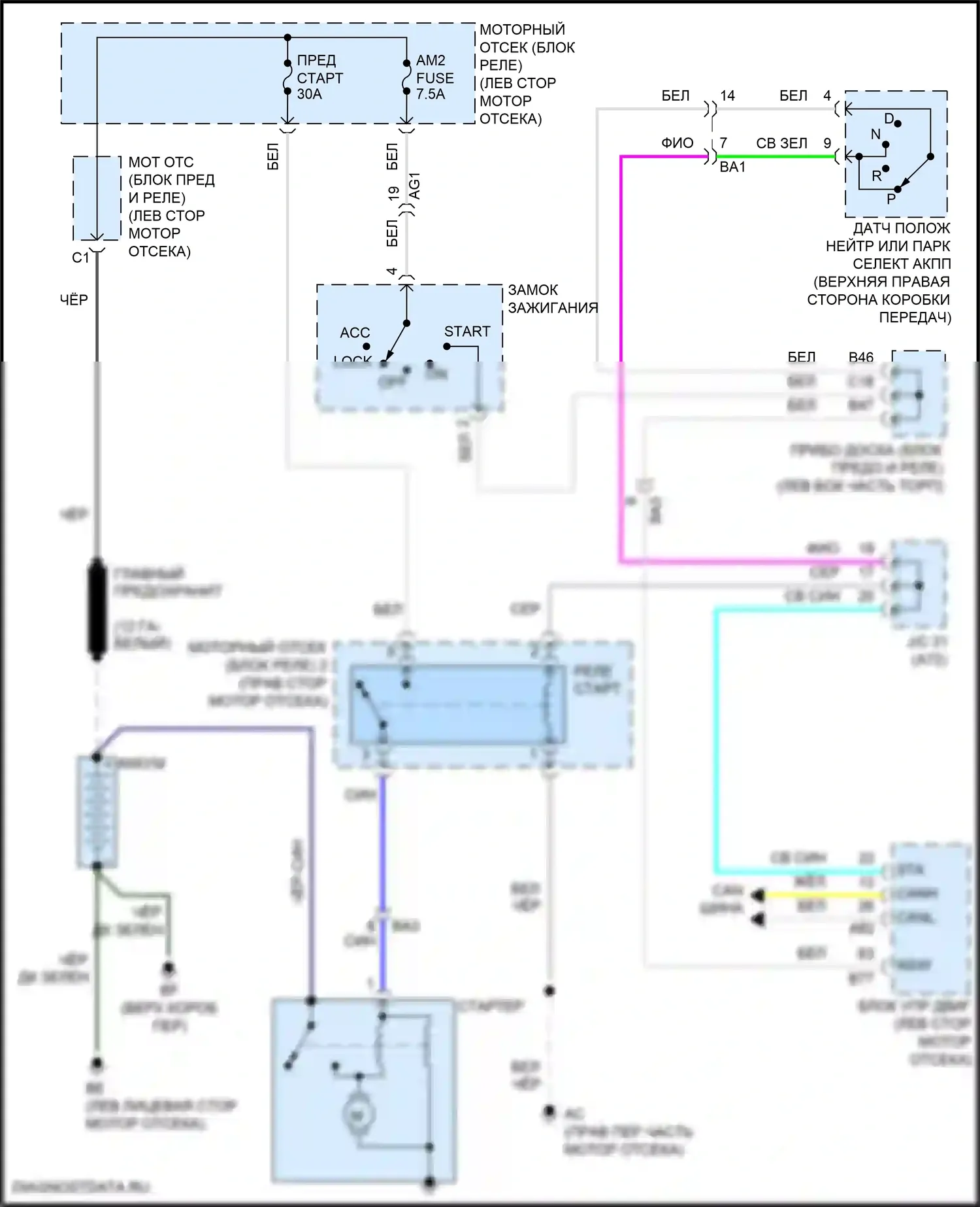 RAV4 Toyota IV рестайлинг (2015-2019): Электросхема стартера, без смарт-ключа 