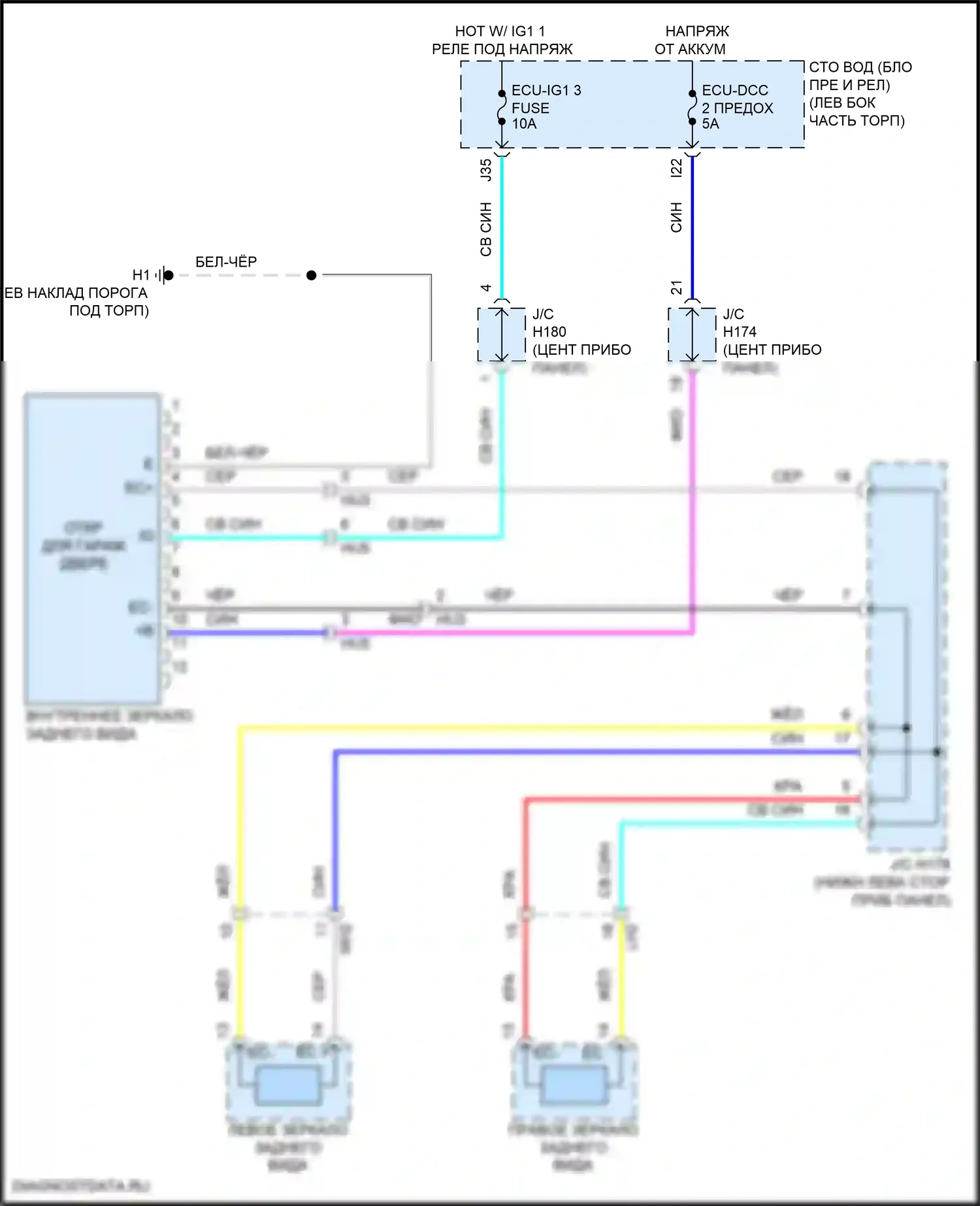 Sequoia Toyota II рестайлинг (2017-2022): Электросхема электрохромного зеркала 