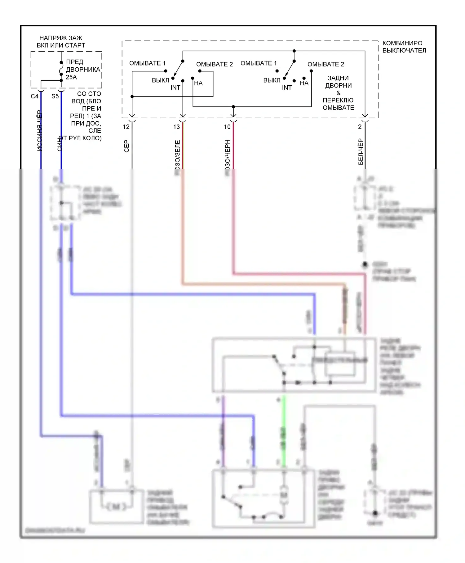 Sienna Toyota I (1997-2003): Электросхема задних дворников и омывателей 