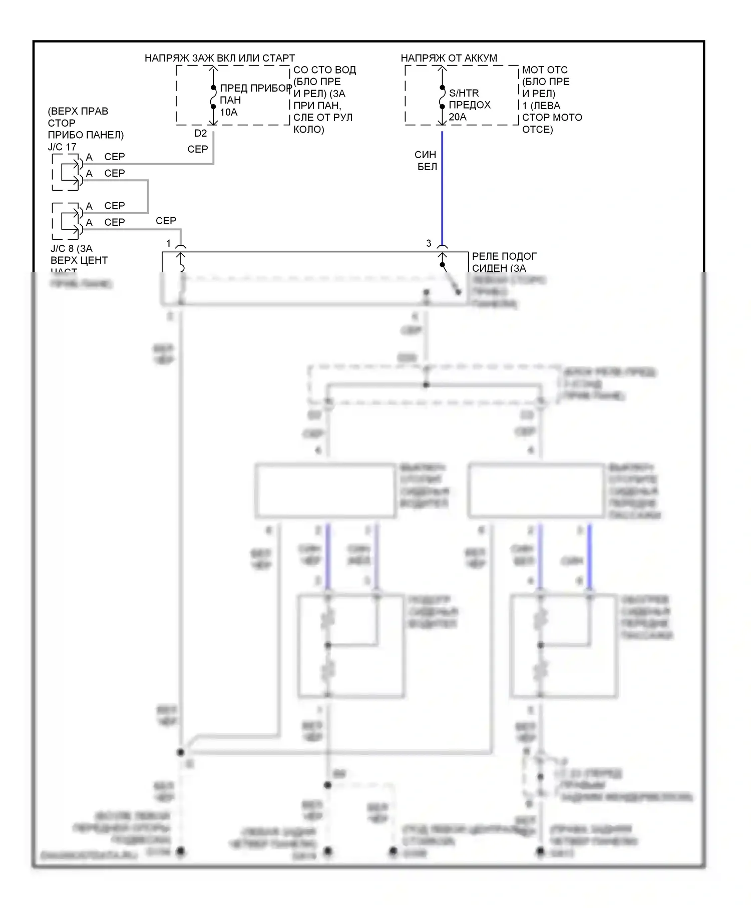 Sienna Toyota I (1997-2003): Электросхема обогреваемых сидений 