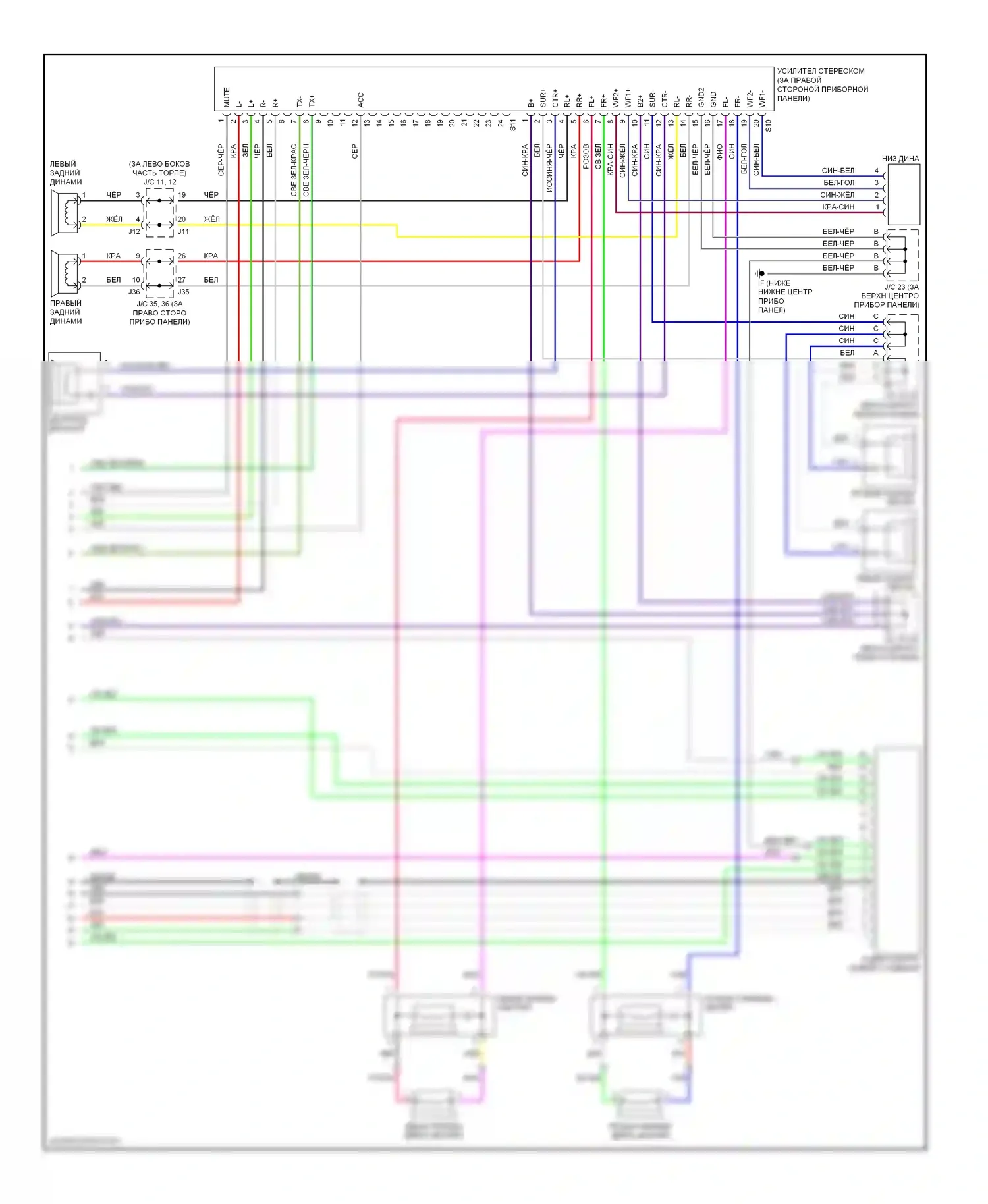 Sienna Toyota II (2003-2005): Электросхема 10-акустической системы, без навигации, со звуком заднего сиденья (2 из 2) 