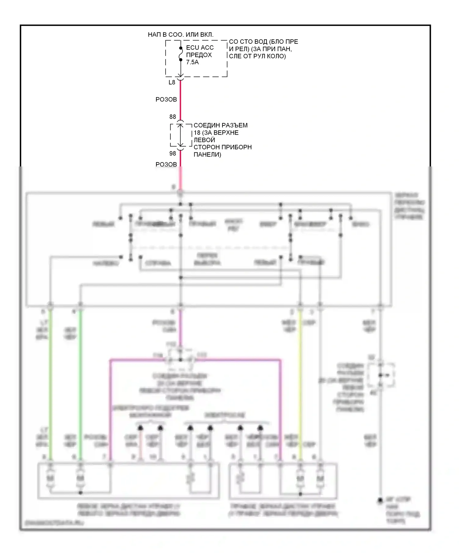 Sienna Toyota II (2003-2005): Электросхема управления зеркалами заднего вида 