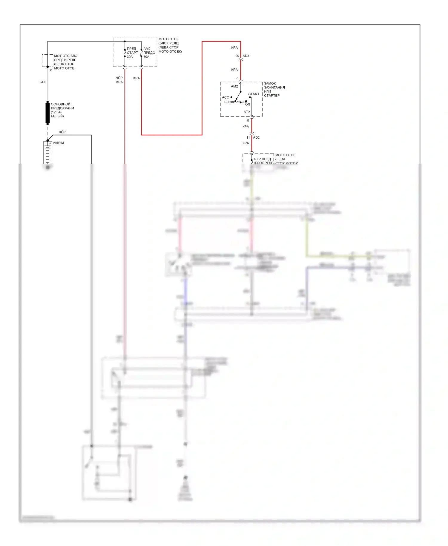 Sienna Toyota III (2010-2014): Электросхема стартера, без смарт-ключа 