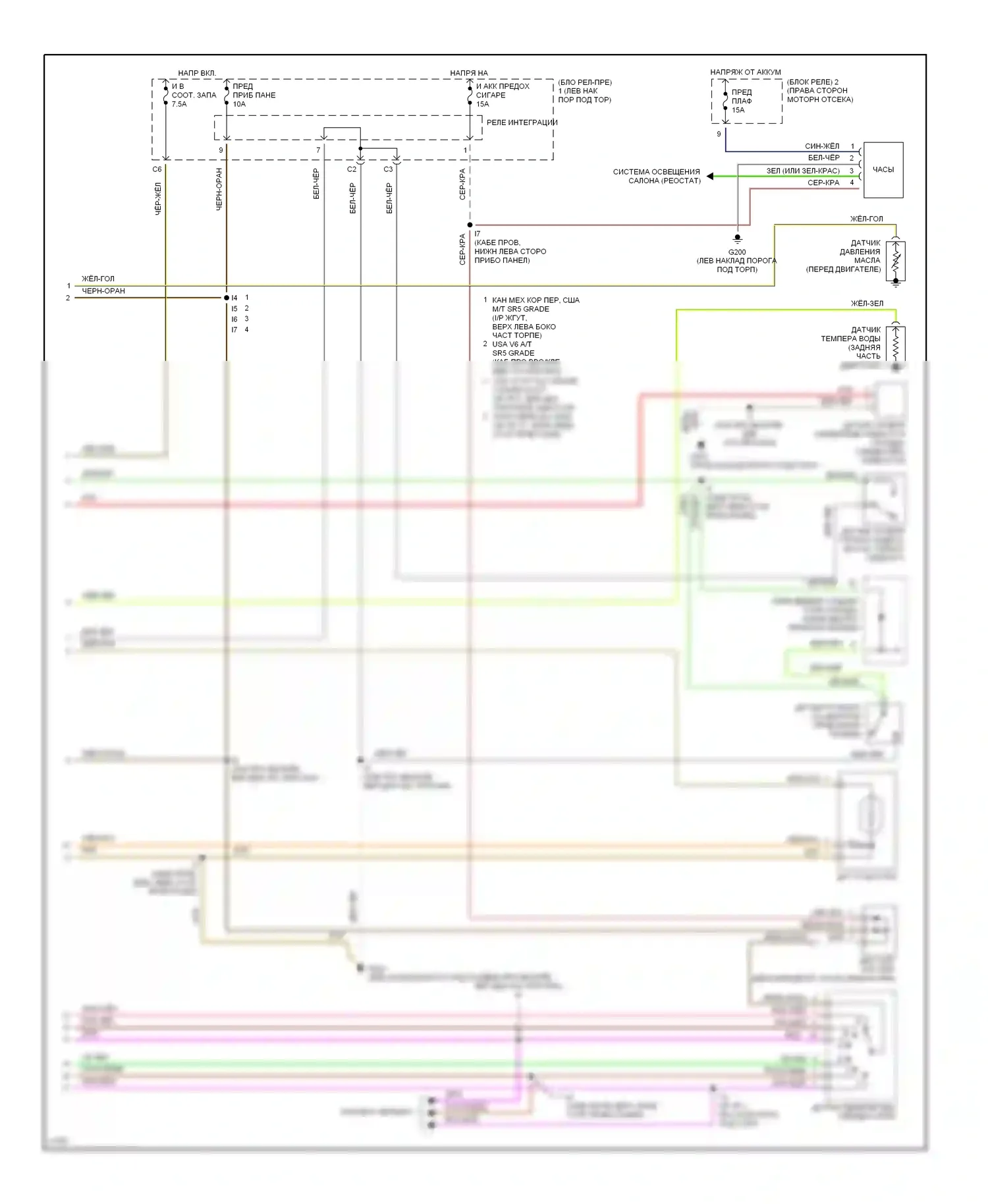 T100 Toyota I (1992-1998): Электросхема приборной панели, без тахометра (2 из 2) 