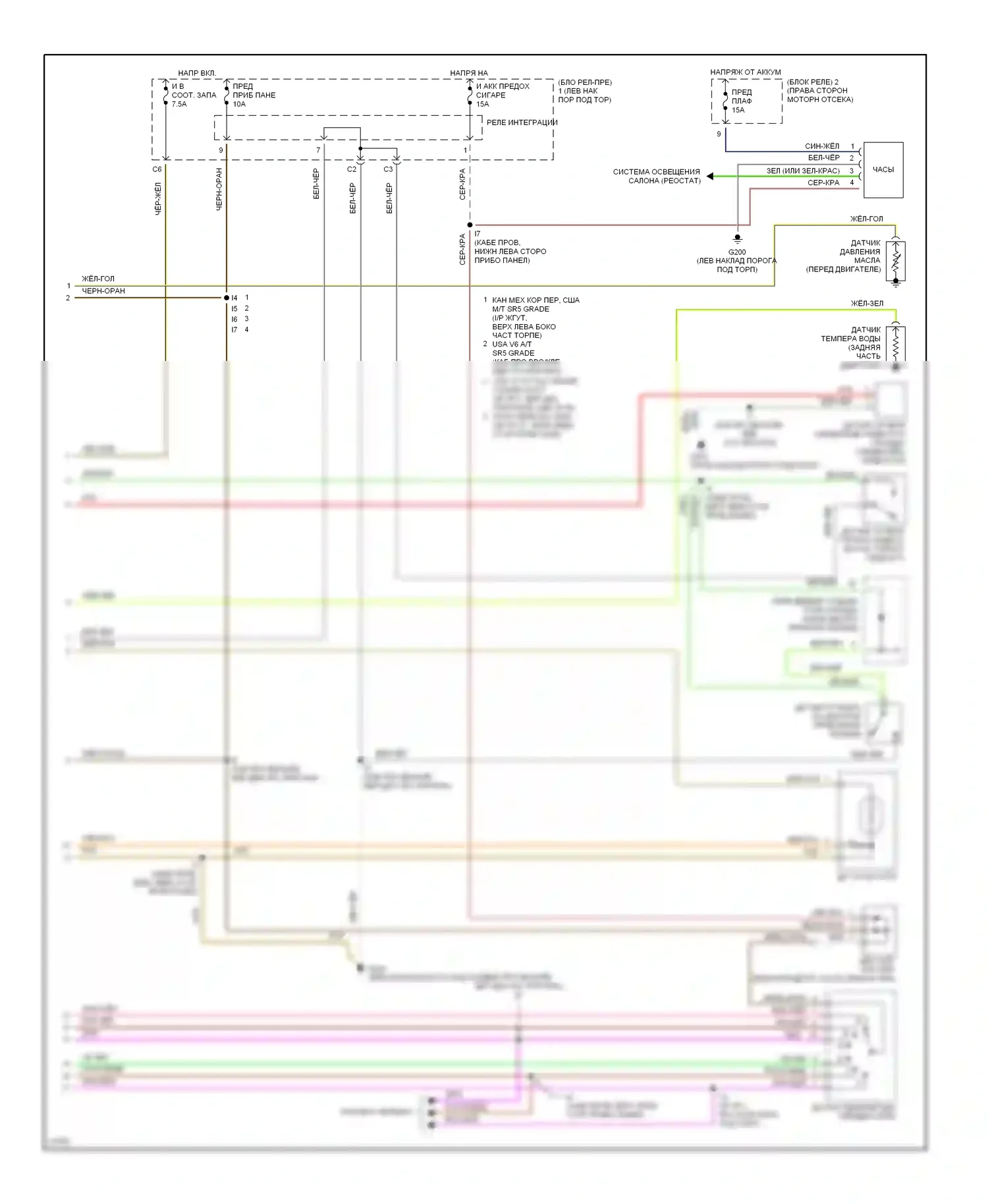 T100 Toyota I (1992-1998): Электросхема приборной панели, с тахометром (2 из 2) 