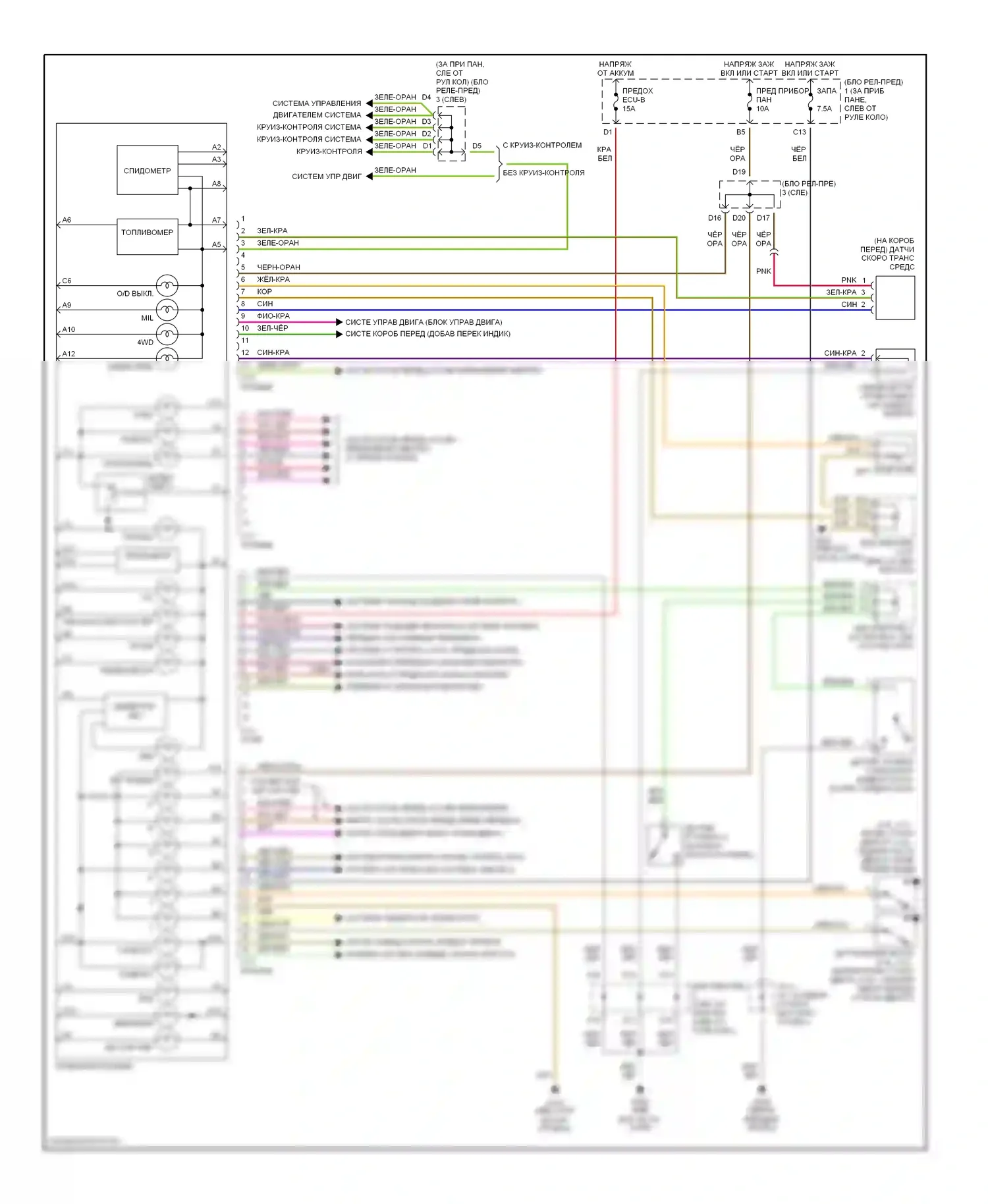 Tacoma Toyota I (1995-2000): Электросхема приборной панели, без тахометра 