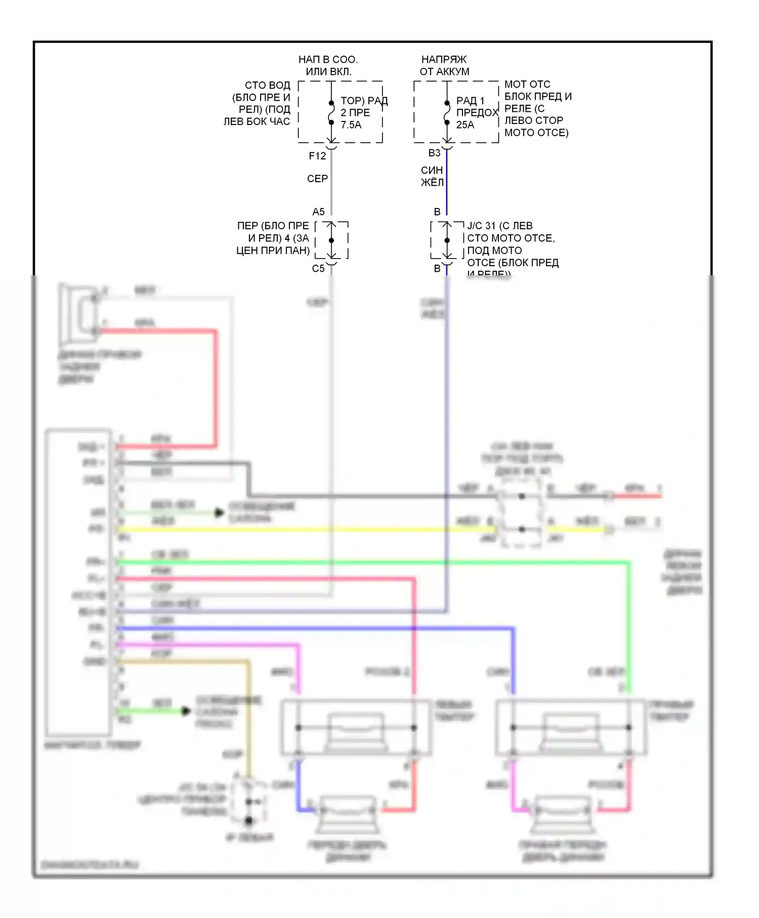 Tundra Toyota I рестайлинг (2002-2006): Электросхема системы с 6 динамиками, двойная кабина 