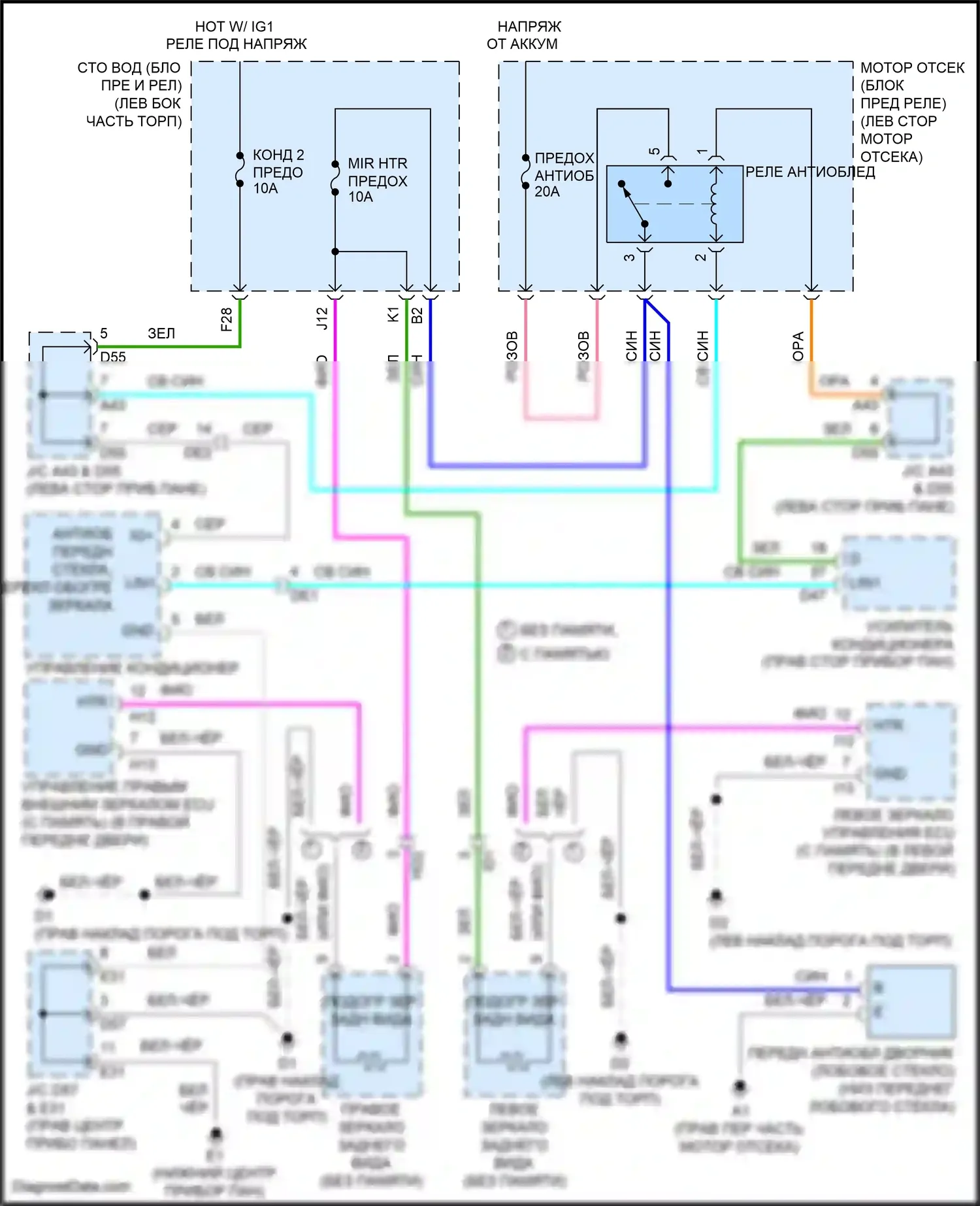 Venza Toyota I рестайлинг (2012-2017): Электросхема нагревателя зеркала и переднего антиобледенителя 