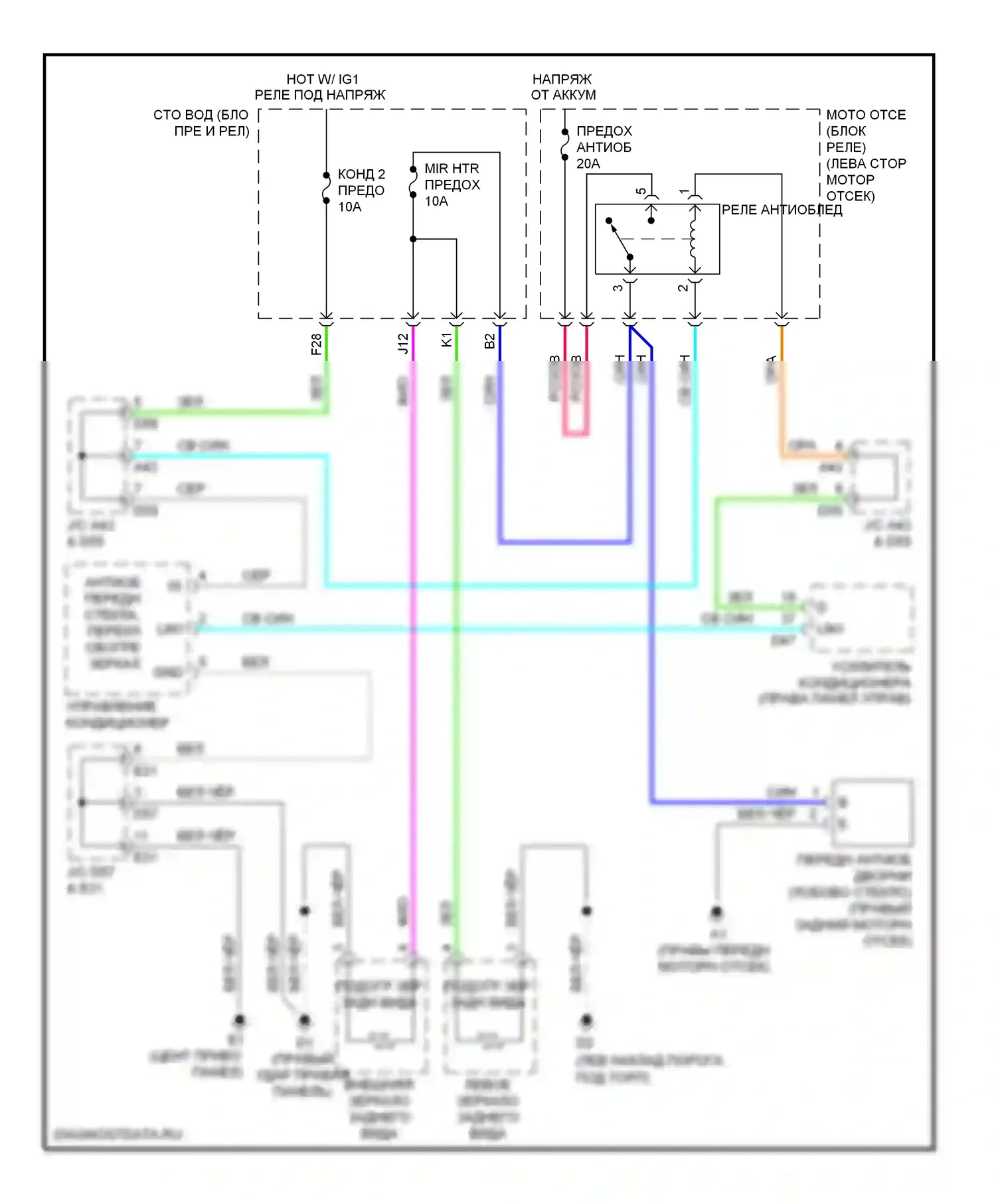 Venza Toyota I (2008-2012): Электросхема нагревателя зеркала и переднего антиобледенителя 