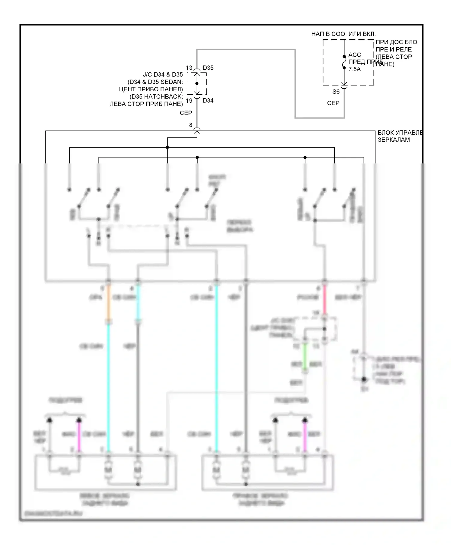 Yaris Toyota II рестайлинг (2009-2012): Электросхема управления зеркалами заднего вида 