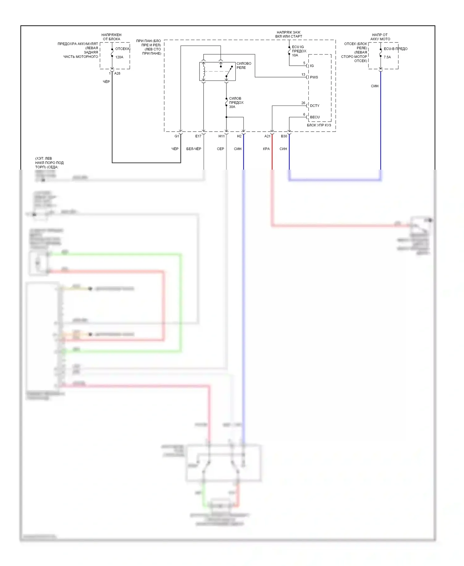 Yaris Toyota II (2005-2009): Электросхема стеклоподъемников, без задних стеклоподъемников 