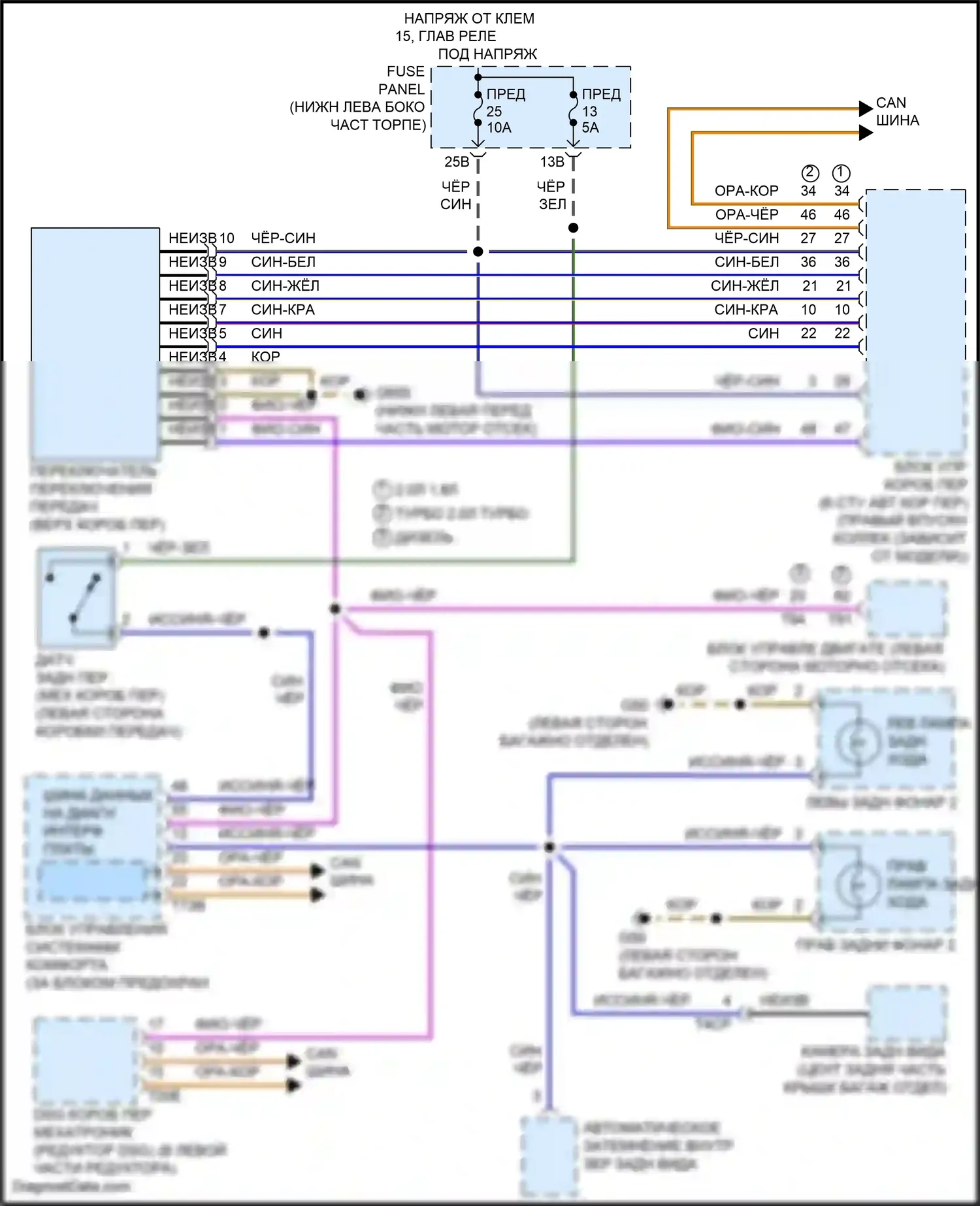 Bora Volkswagen III (2012-2018): Электросхема резервных ламп, с низким уровнем оборудования 