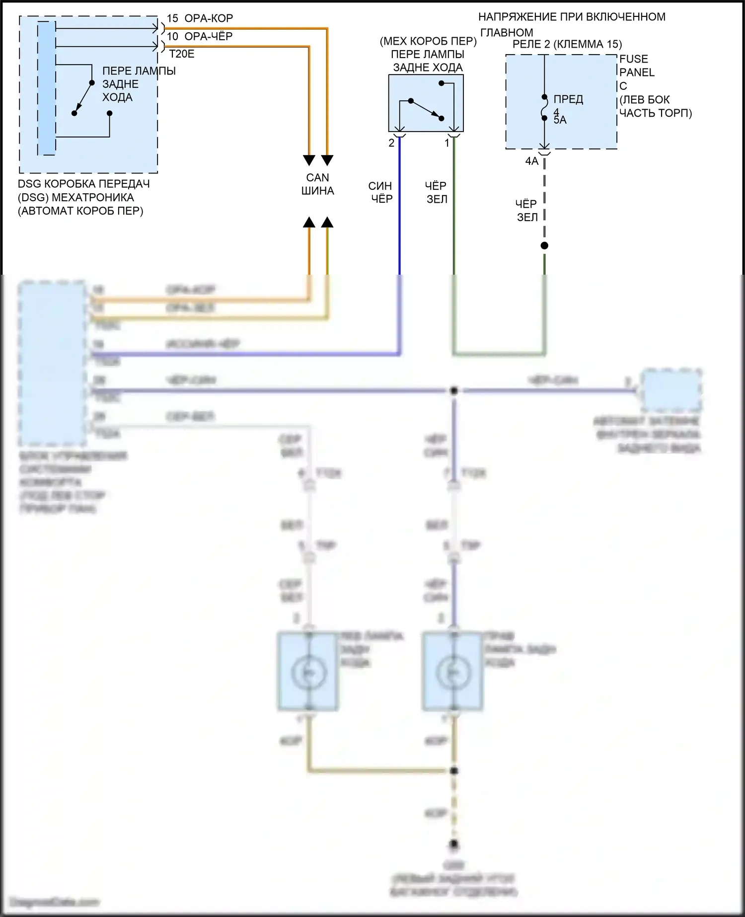 Eos Volkswagen I рестайлинг (2010-2015): Электросхема фонарей заднего хода 