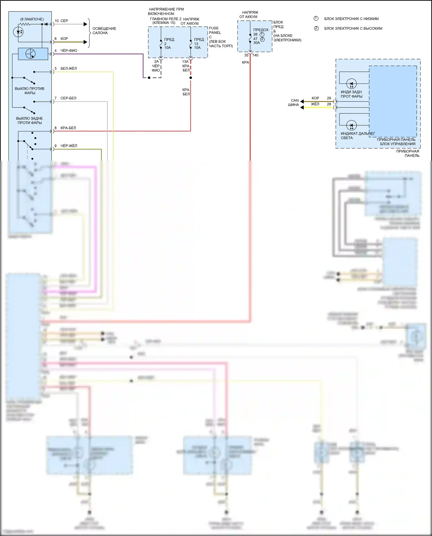 Eos Volkswagen I рестайлинг (2010-2015): Электросхема фар, без ксеноновых фар 