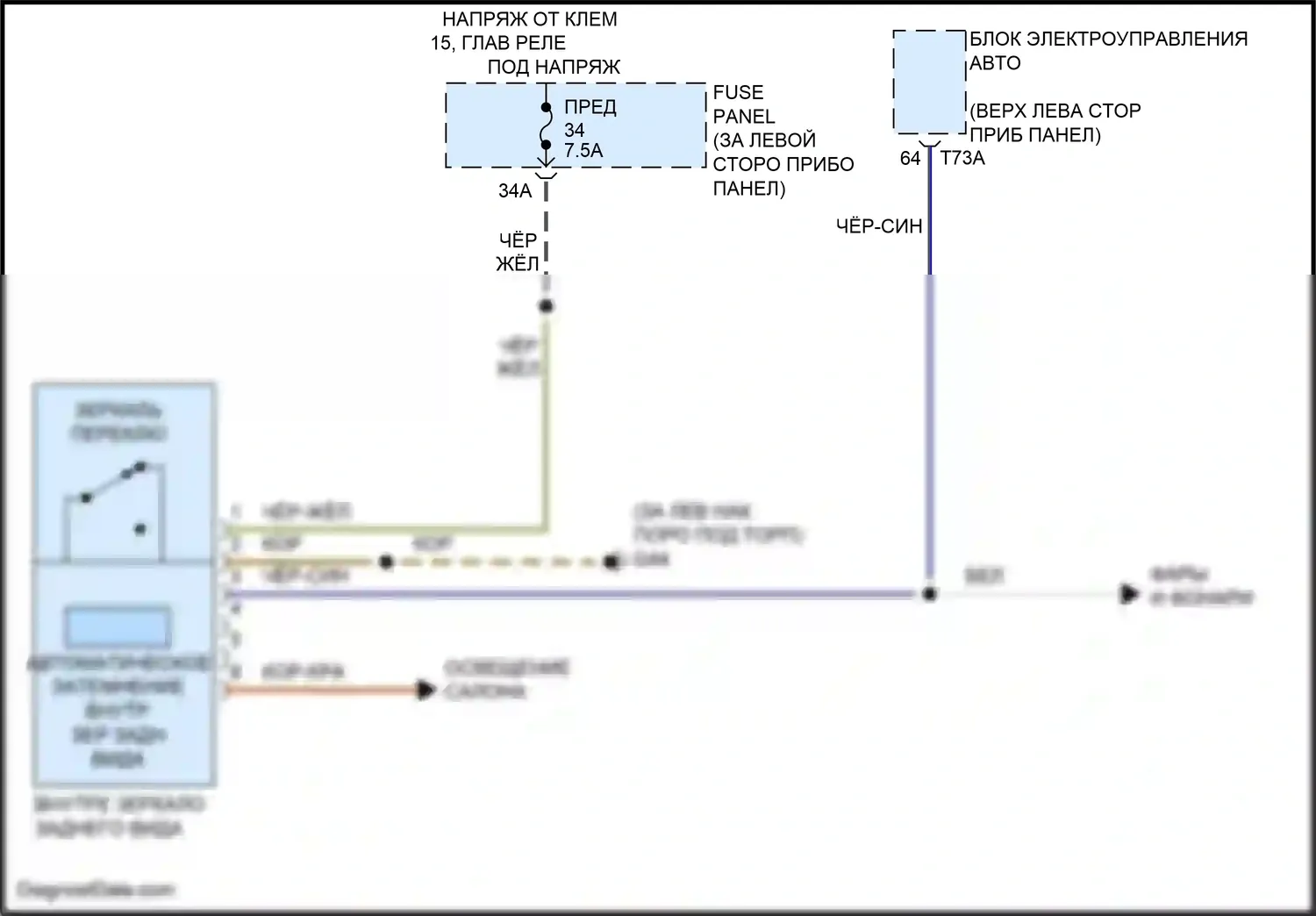 Golf Volkswagen Mk7 (2012-2017): Автоматическая электросхема дневного/ночного зеркала, без помощи дальнего света 