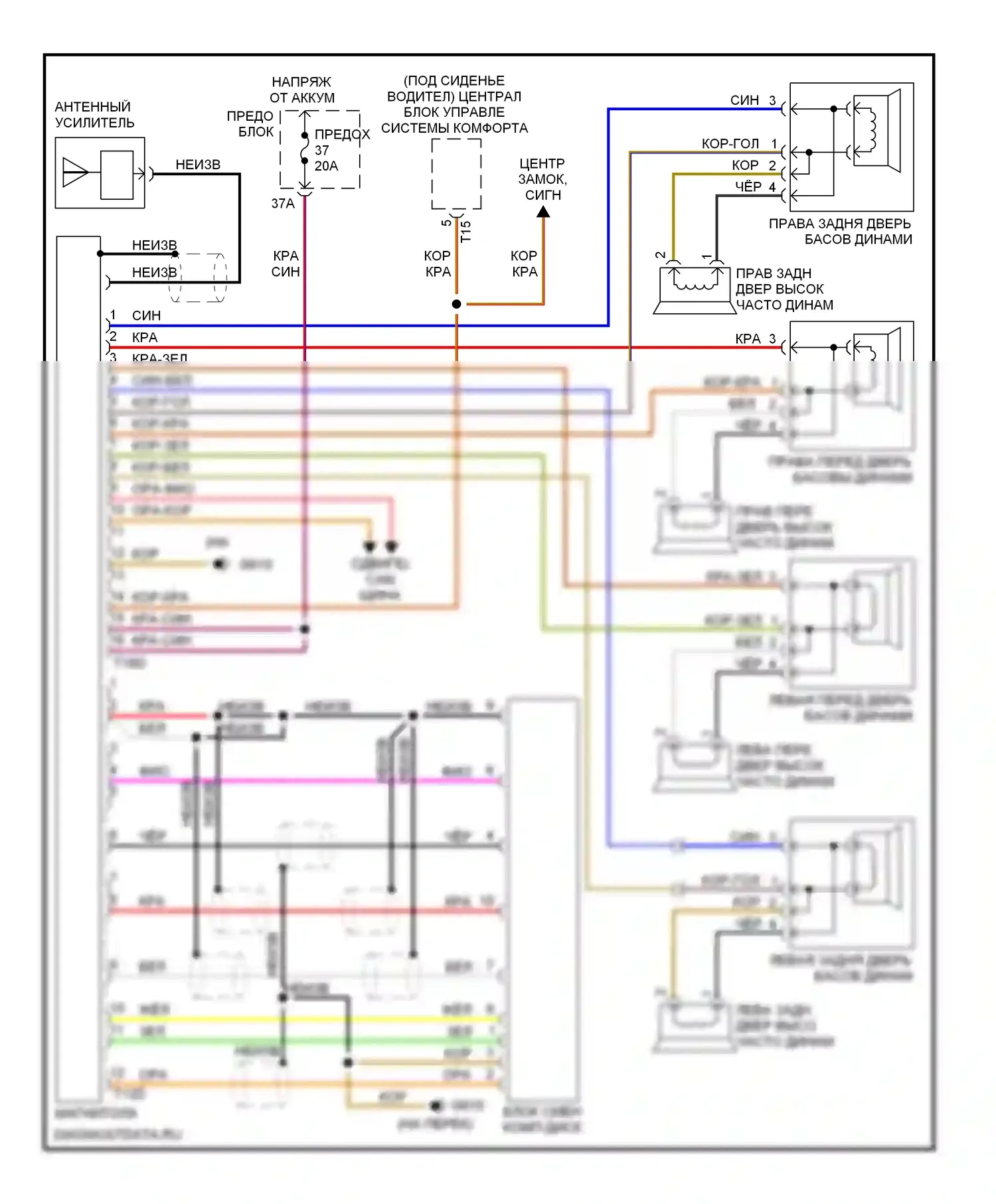 Passat Volkswagen B5 рестайлинг (2000-2005): Электросхема магнитолы, без муссонной магнитолы 