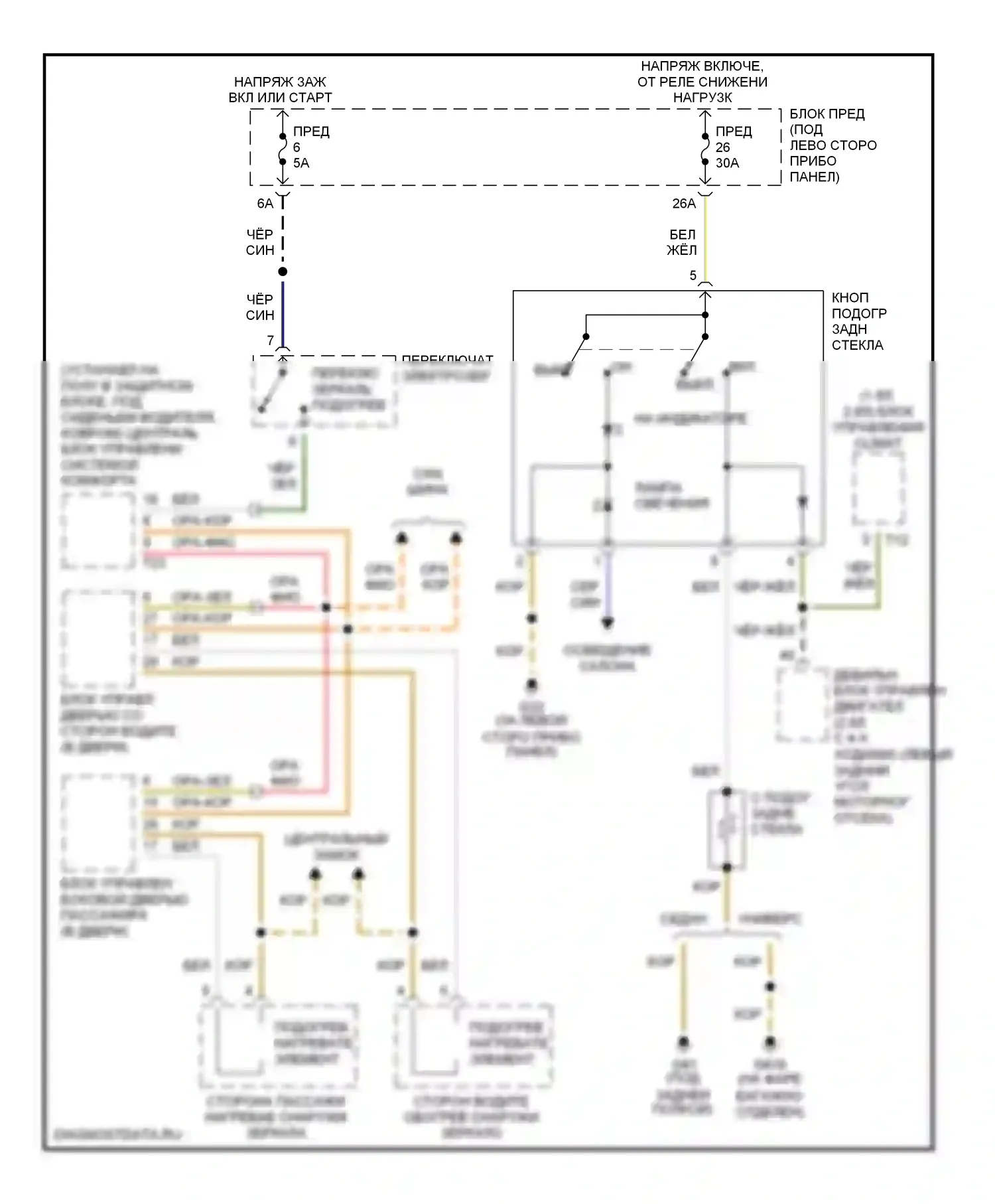 Passat Volkswagen B5 рестайлинг (2000-2005): Электросхема подогрева стекол 